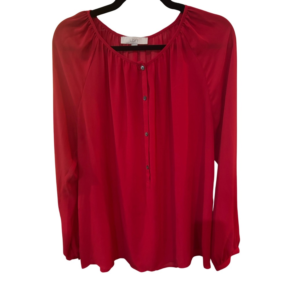 LOFT Blouse Top Long Sleeve Button Front Casual Red Blouse Size L